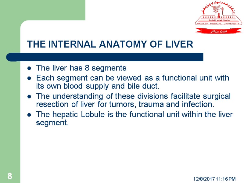 THE INTERNAL ANATOMY OF LIVER The liver has 8 segments Each segment can be